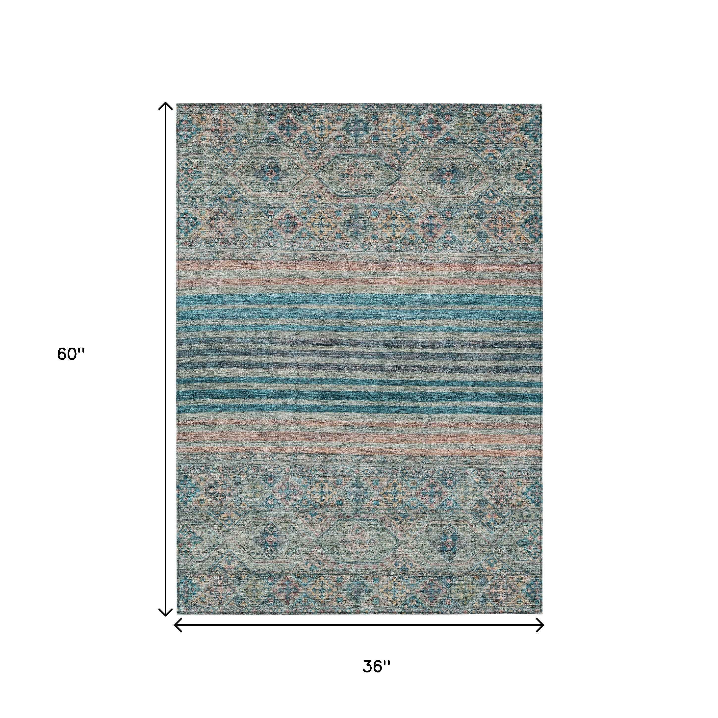 3' X 5' Teal Blue Salmon And Beige Medallion Washable Indoor Outdoor Area Rug