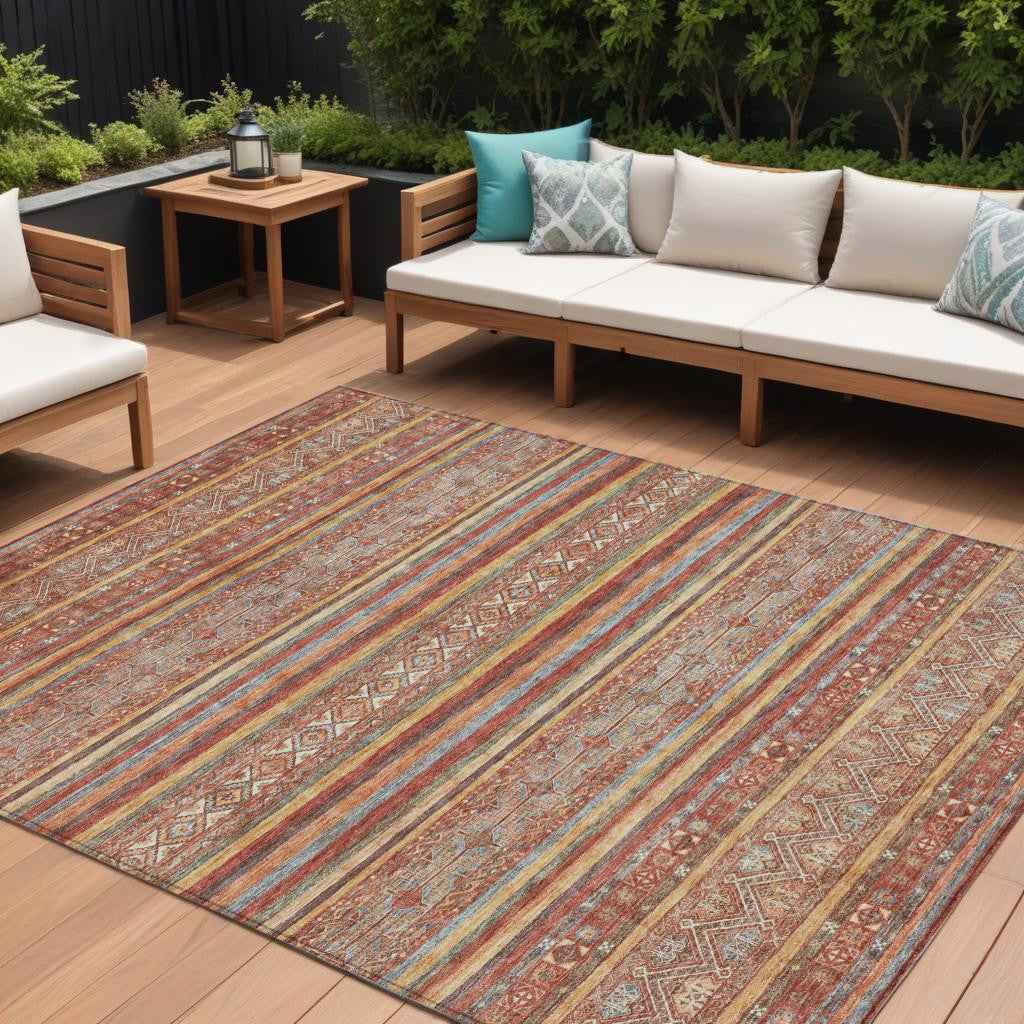 9' X 12' Rust Gold And Silver Southwestern Washable Indoor Outdoor Area Rug