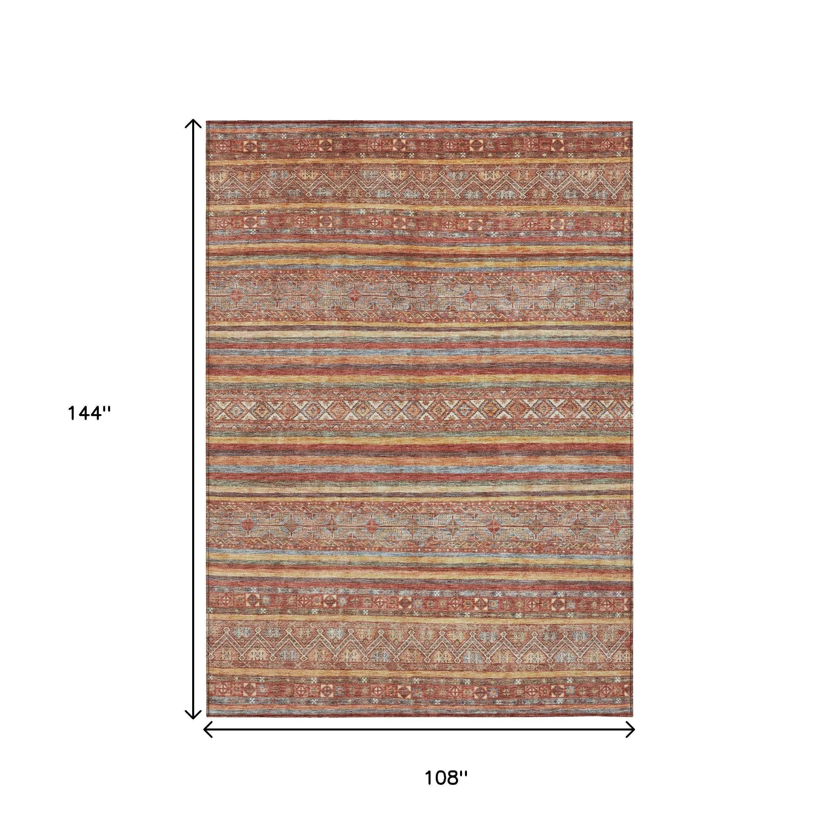 9' X 12' Rust Gold And Silver Southwestern Washable Indoor Outdoor Area Rug
