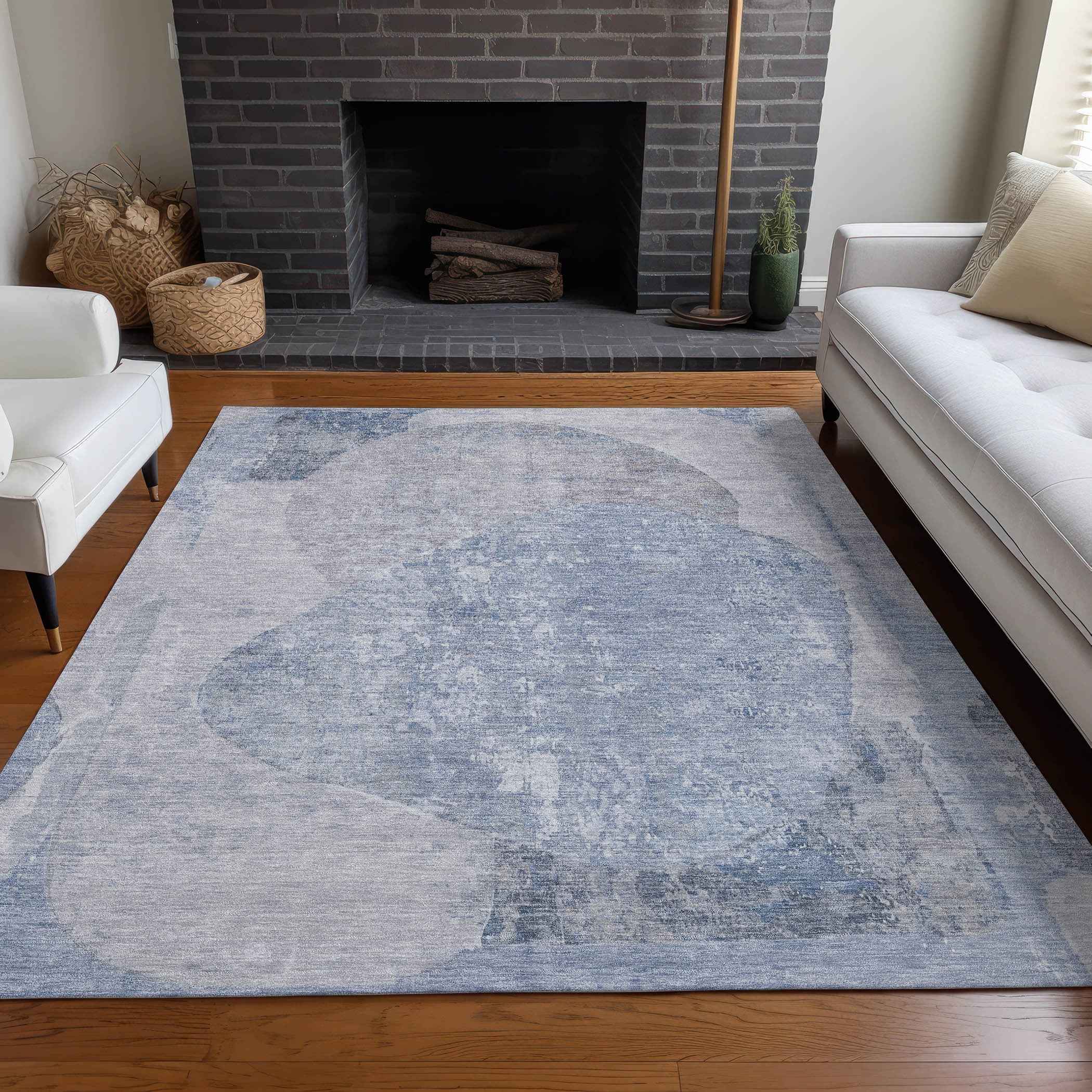 8' X 10' Sky Blue And Denim Blue Abstract Washable Indoor Outdoor Area Rug