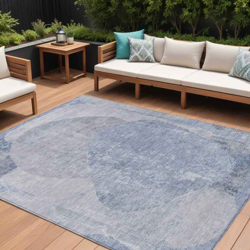 8' X 10' Sky Blue And Denim Blue Abstract Washable Indoor Outdoor Area Rug