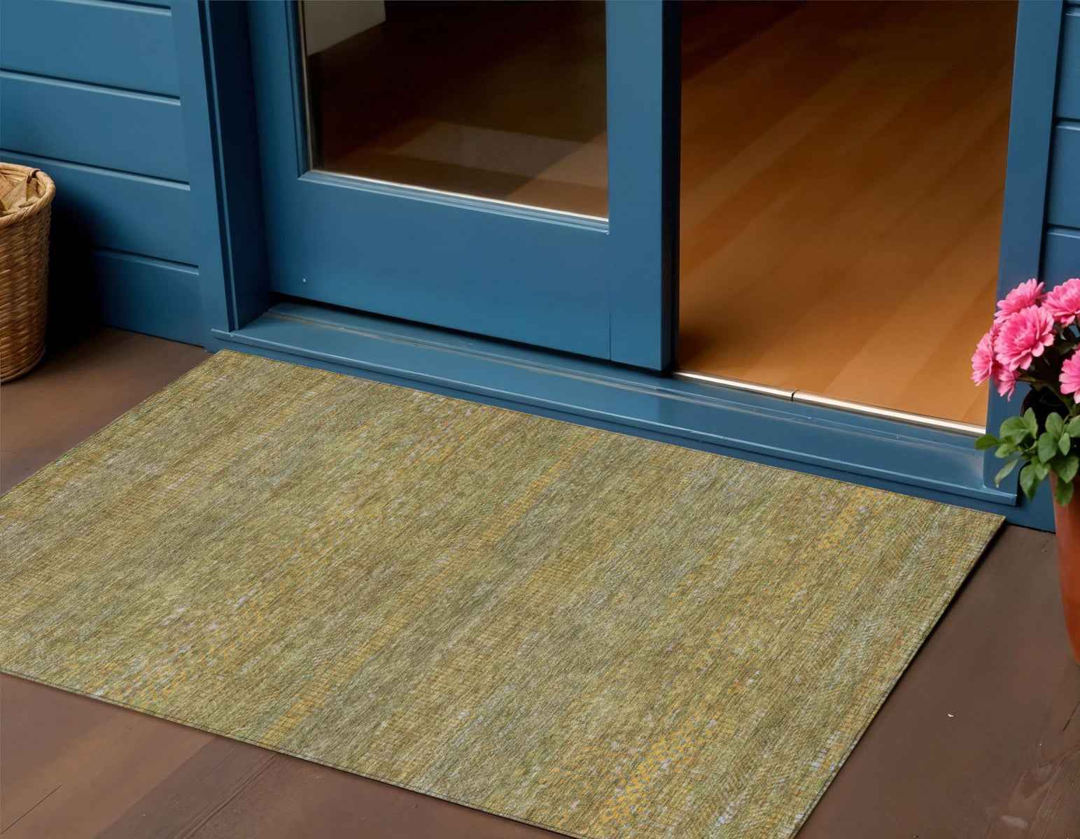 3' X 5' Sage And Gold Striped Washable Indoor Outdoor Area Rug