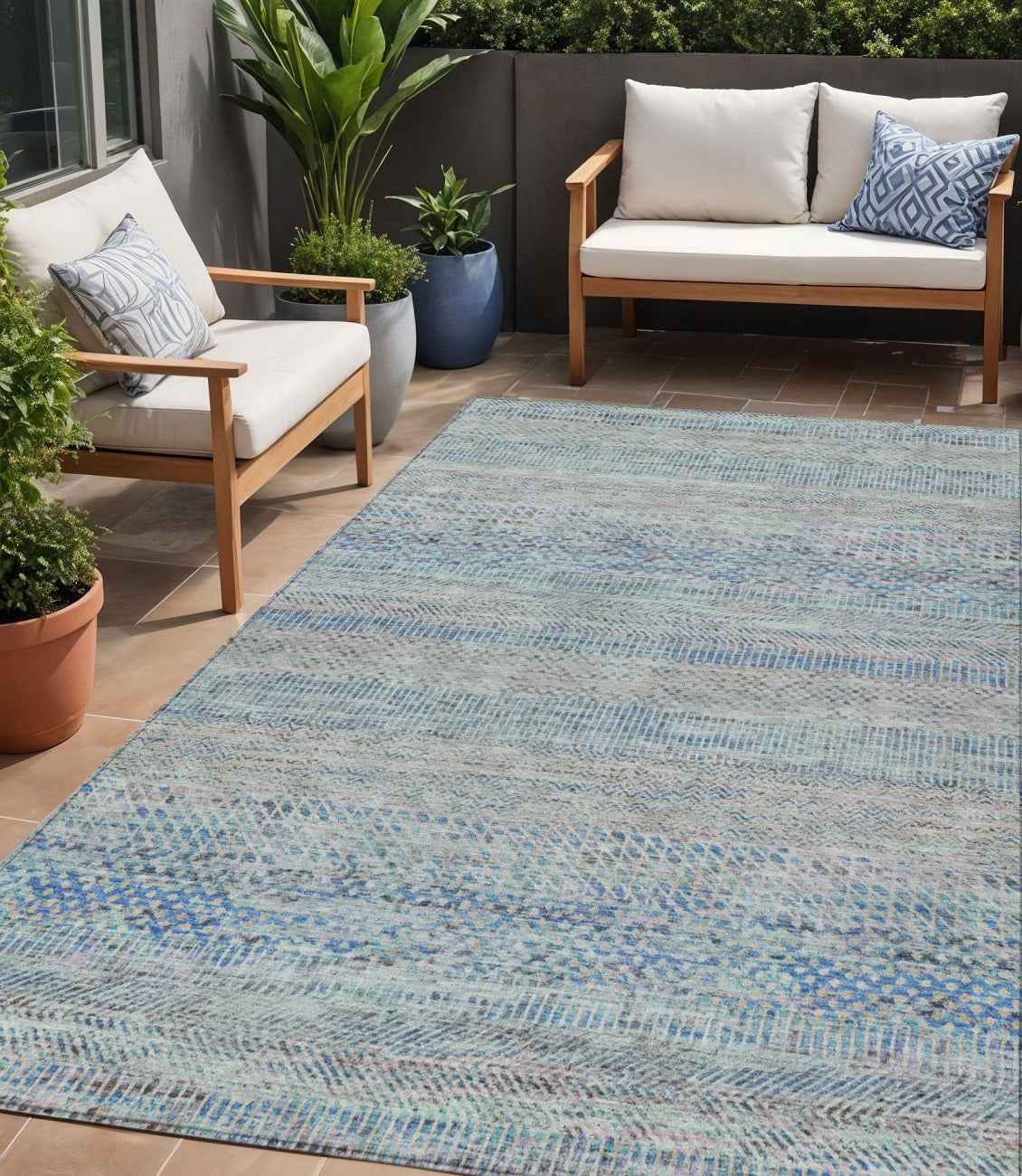 5' X 8' Blue And Charcoal Striped Washable Indoor Outdoor Area Rug