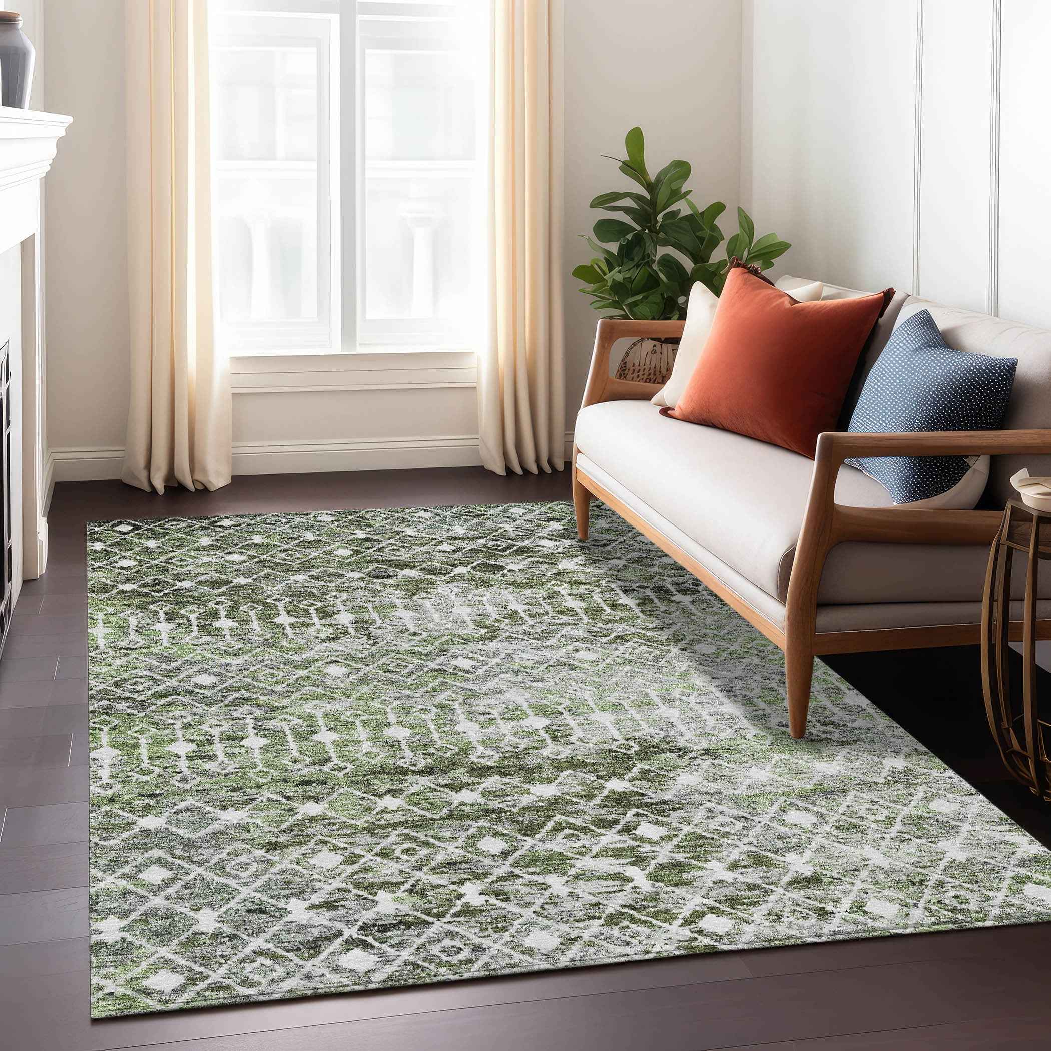 10' X 14' Olive Green And Ivory Argyle Washable Indoor Outdoor Area Rug