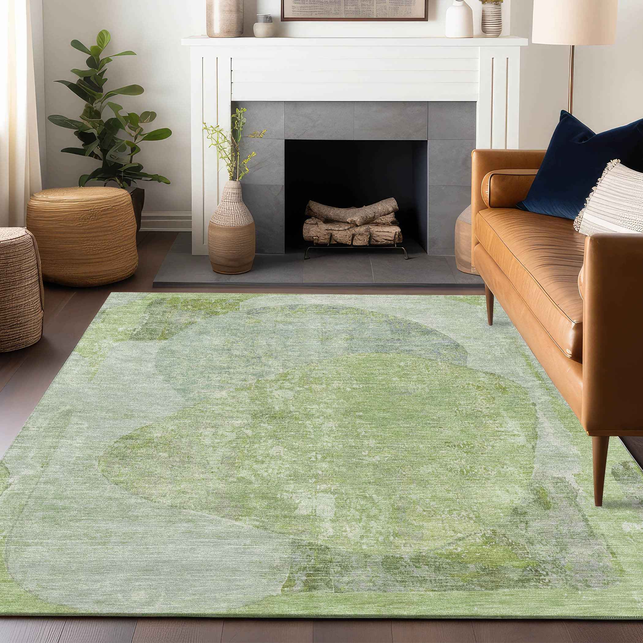 8' X 10' Artichoke Green And Mint Green Abstract Washable Indoor Outdoor Area Rug