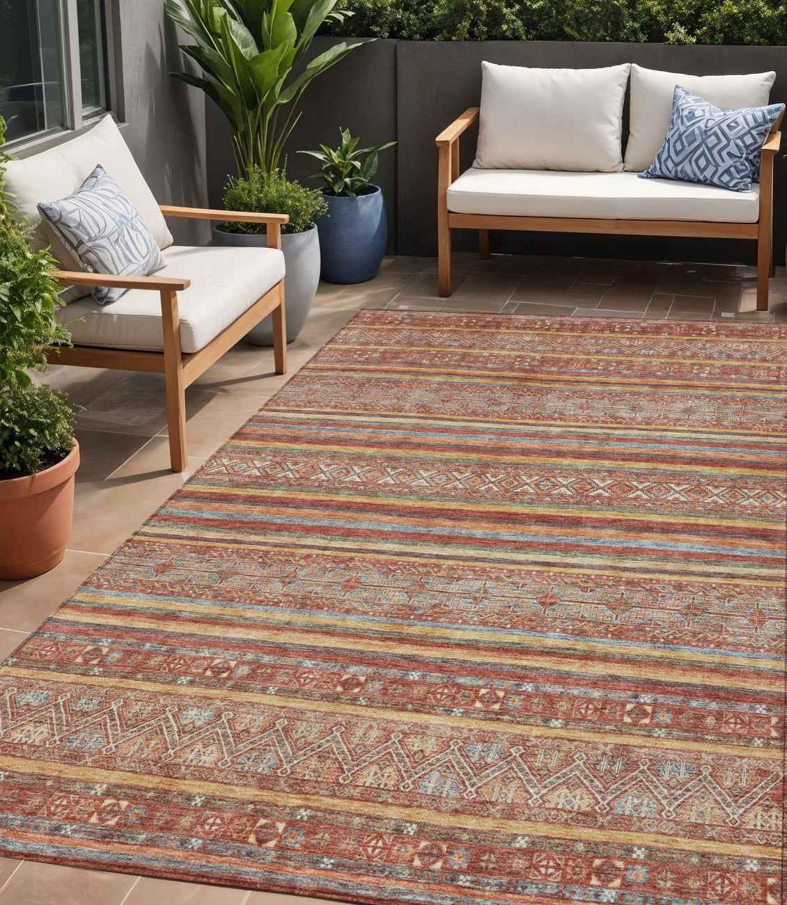 5' X 8' Rust Gold And Silver Southwestern Washable Indoor Outdoor Area Rug