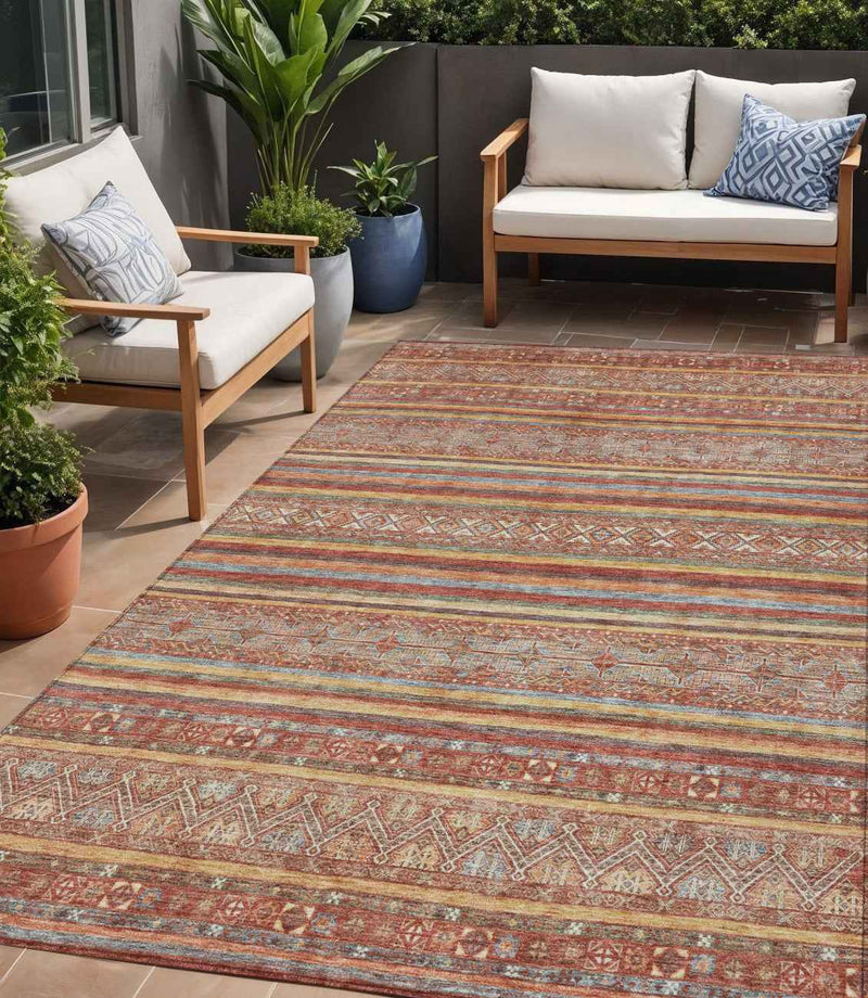 5' X 8' Rust Gold And Silver Southwestern Washable Indoor Outdoor Area Rug