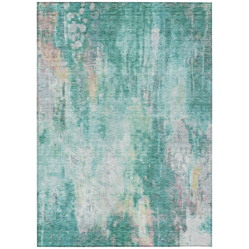 3' X 5' Teal Blue Peach And Ivory Abstract Washable Indoor Outdoor Area Rug