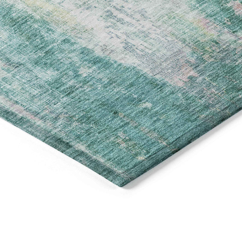 3' X 5' Teal Blue Peach And Ivory Abstract Washable Indoor Outdoor Area Rug