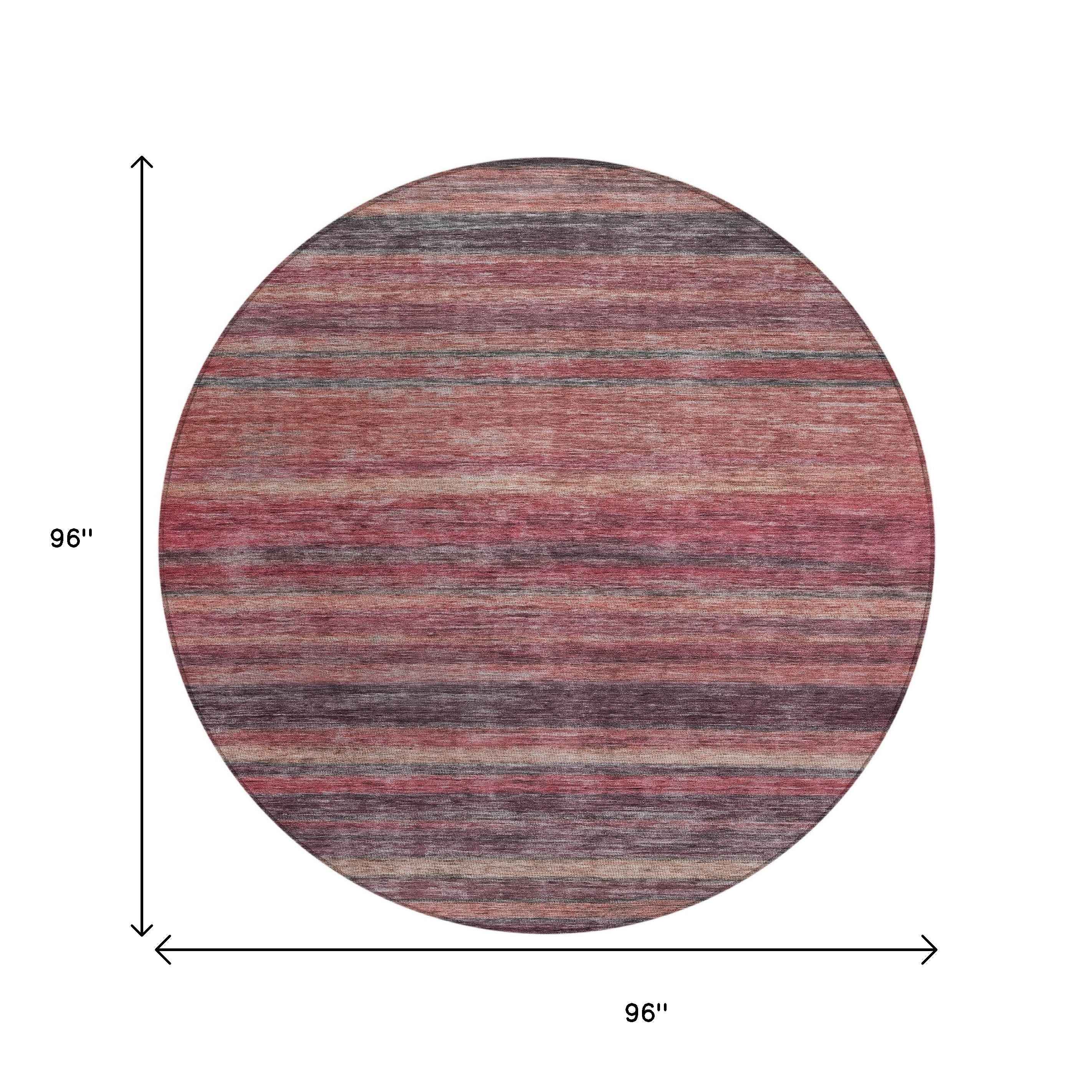 8' Rust And Blush Round Striped Washable Indoor Outdoor Area Rug
