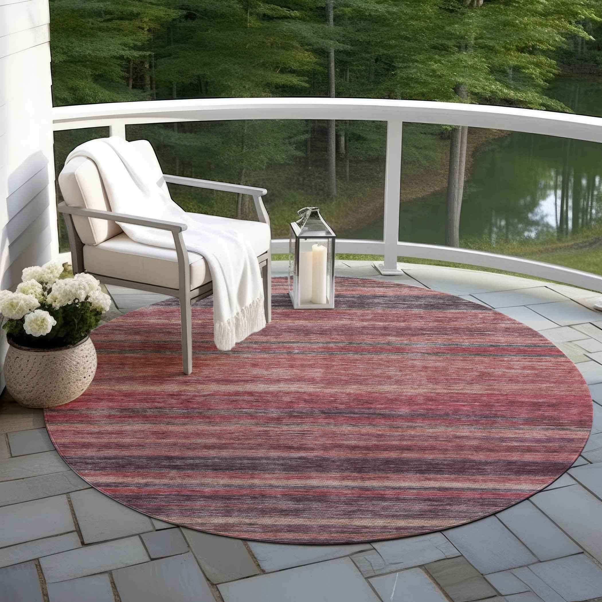 8' Rust And Blush Round Striped Washable Indoor Outdoor Area Rug
