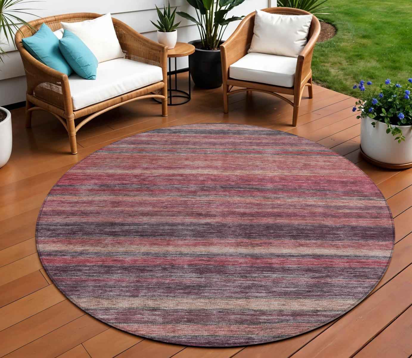 8' Rust And Blush Round Striped Washable Indoor Outdoor Area Rug