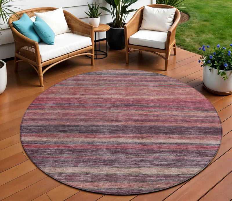 8' Rust And Blush Round Striped Washable Indoor Outdoor Area Rug