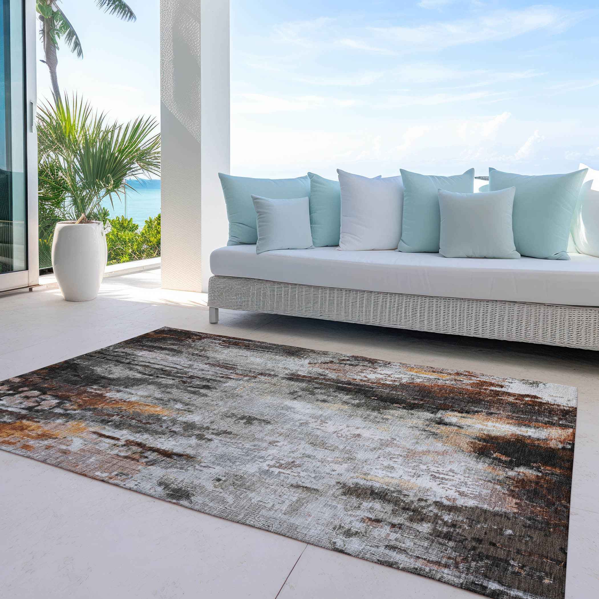 9' X 12' Gray Rust And Ivory Abstract Washable Indoor Outdoor Area Rug