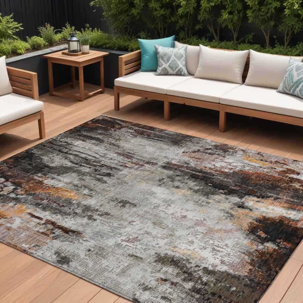9' X 12' Gray Rust And Ivory Abstract Washable Indoor Outdoor Area Rug