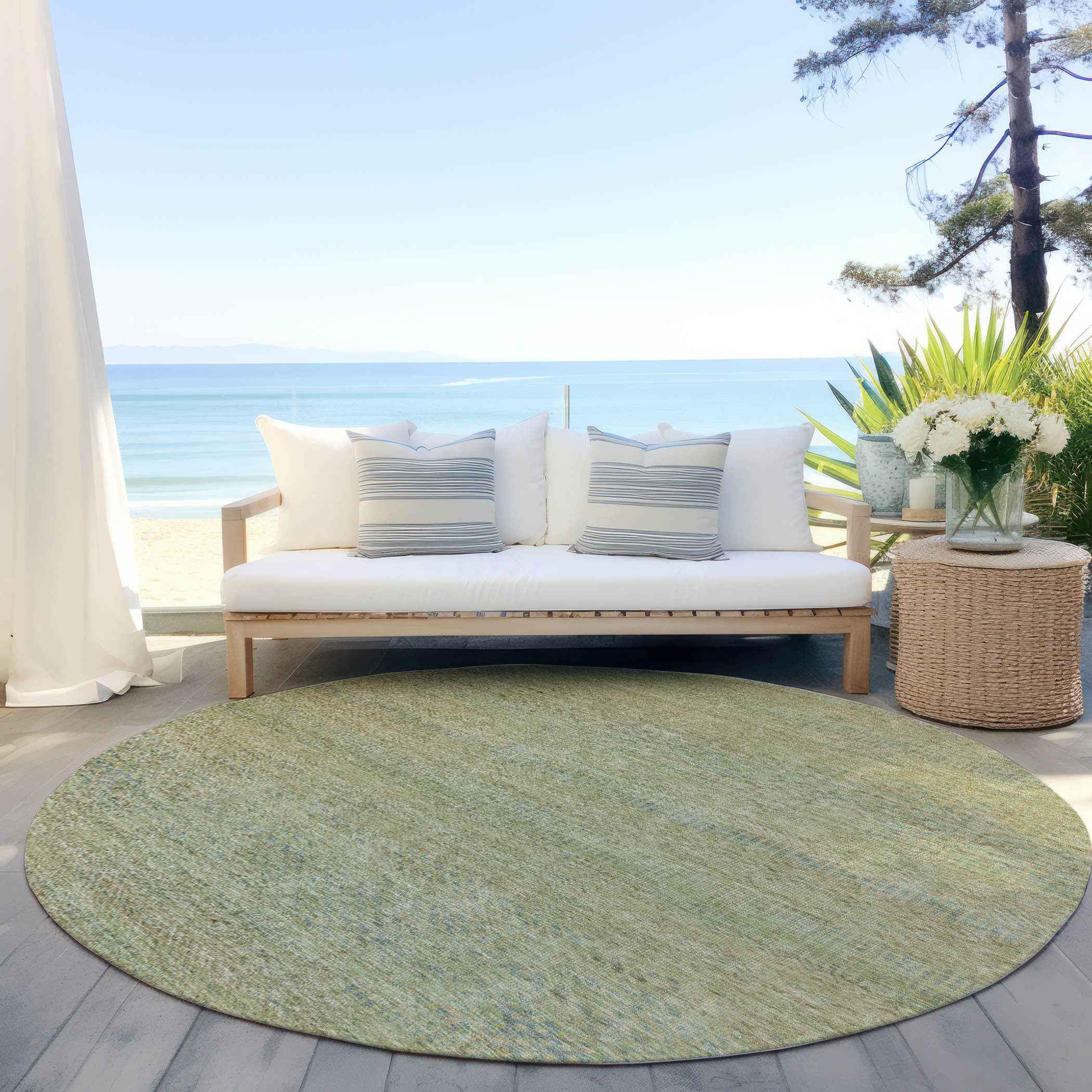 8' Wheat And Sage Round Striped Washable Indoor Outdoor Area Rug