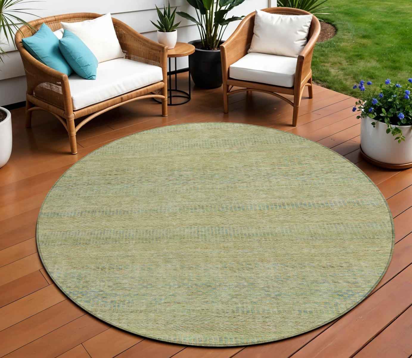 8' Wheat And Sage Round Striped Washable Indoor Outdoor Area Rug
