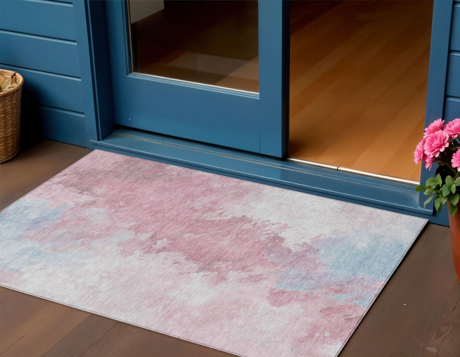 3' X 5' Blush Ivory And Blue Abstract Washable Indoor Outdoor Area Rug - Sports & Outdoor
