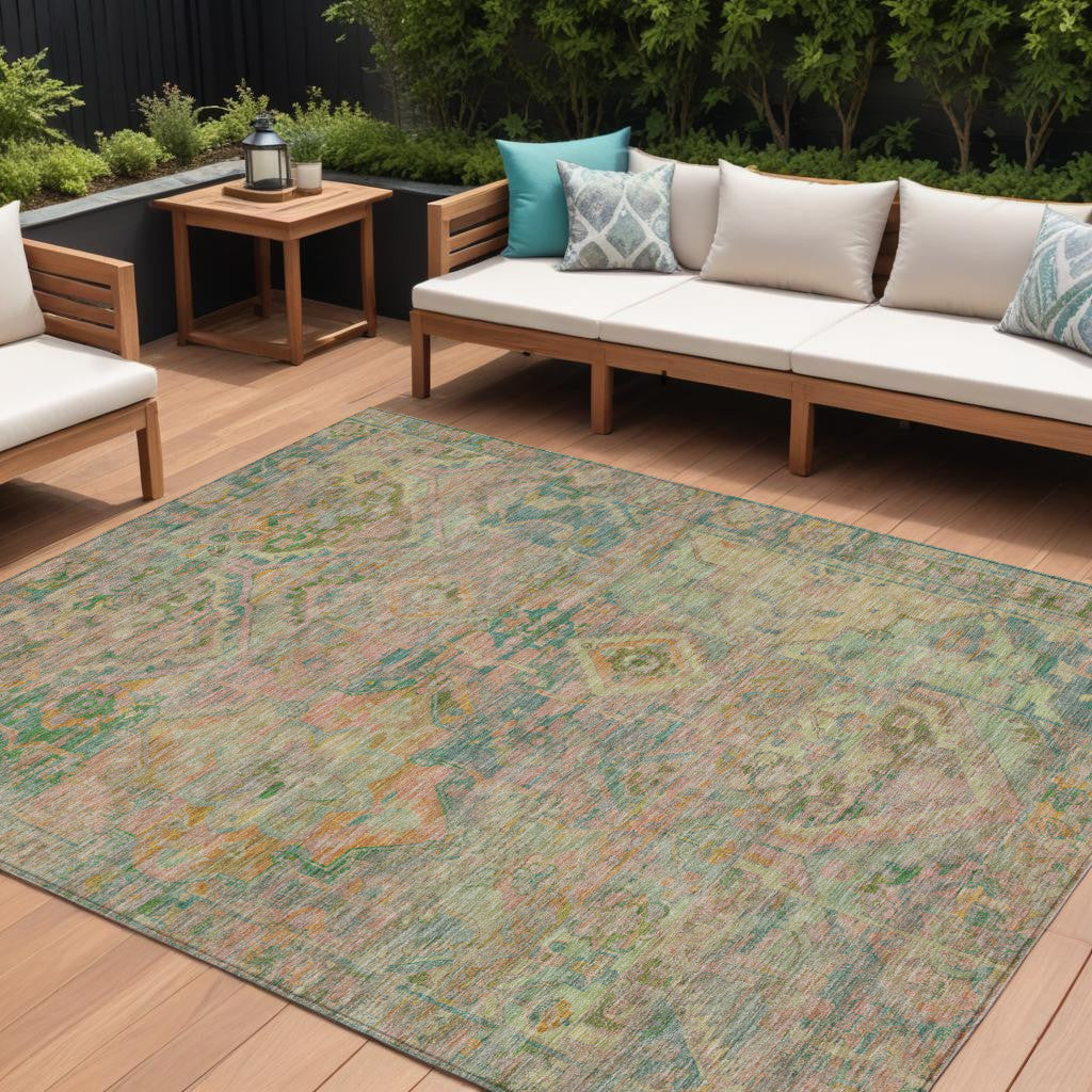 10' X 14' Green Teal Blue And Mauve Floral Medallion Washable Indoor Outdoor Area Rug - Sports & Outdoor