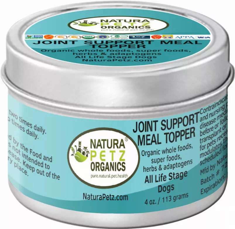 Joint support meal topper canister, Natura Petz Organics turquoise label