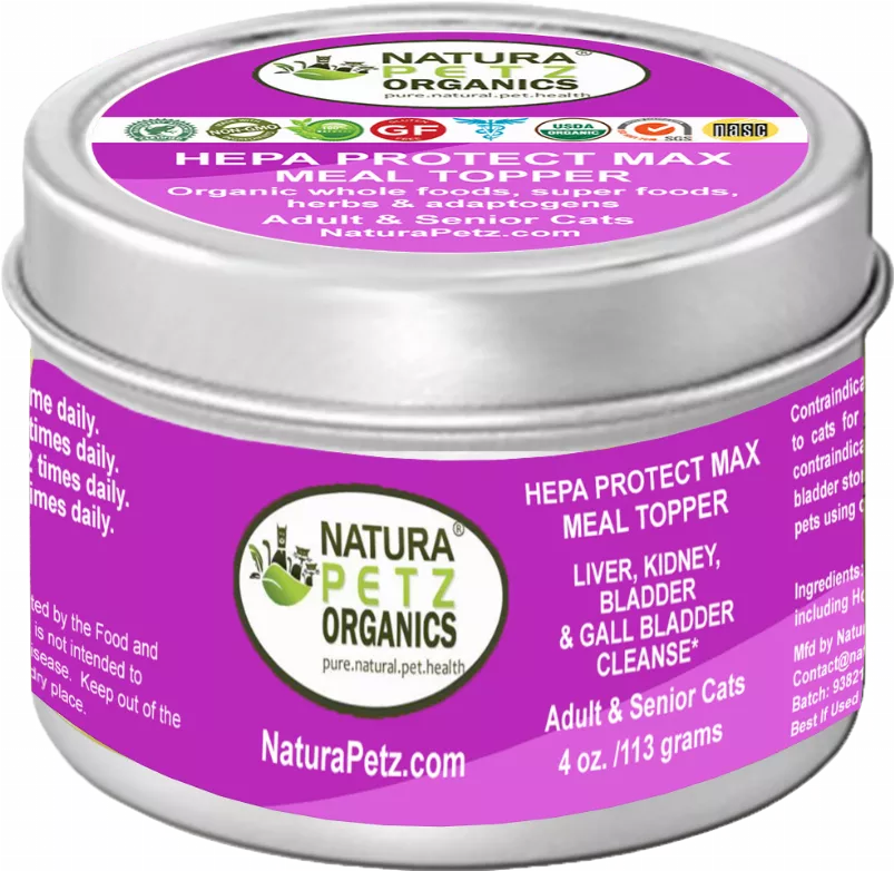 Pet meal topper canister with purple HEPA Protect Max label, silver lid and base.