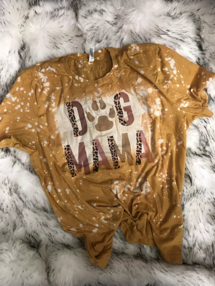 Mustard bleached T-shirt with dog graphic featuring leopard-pattern letters