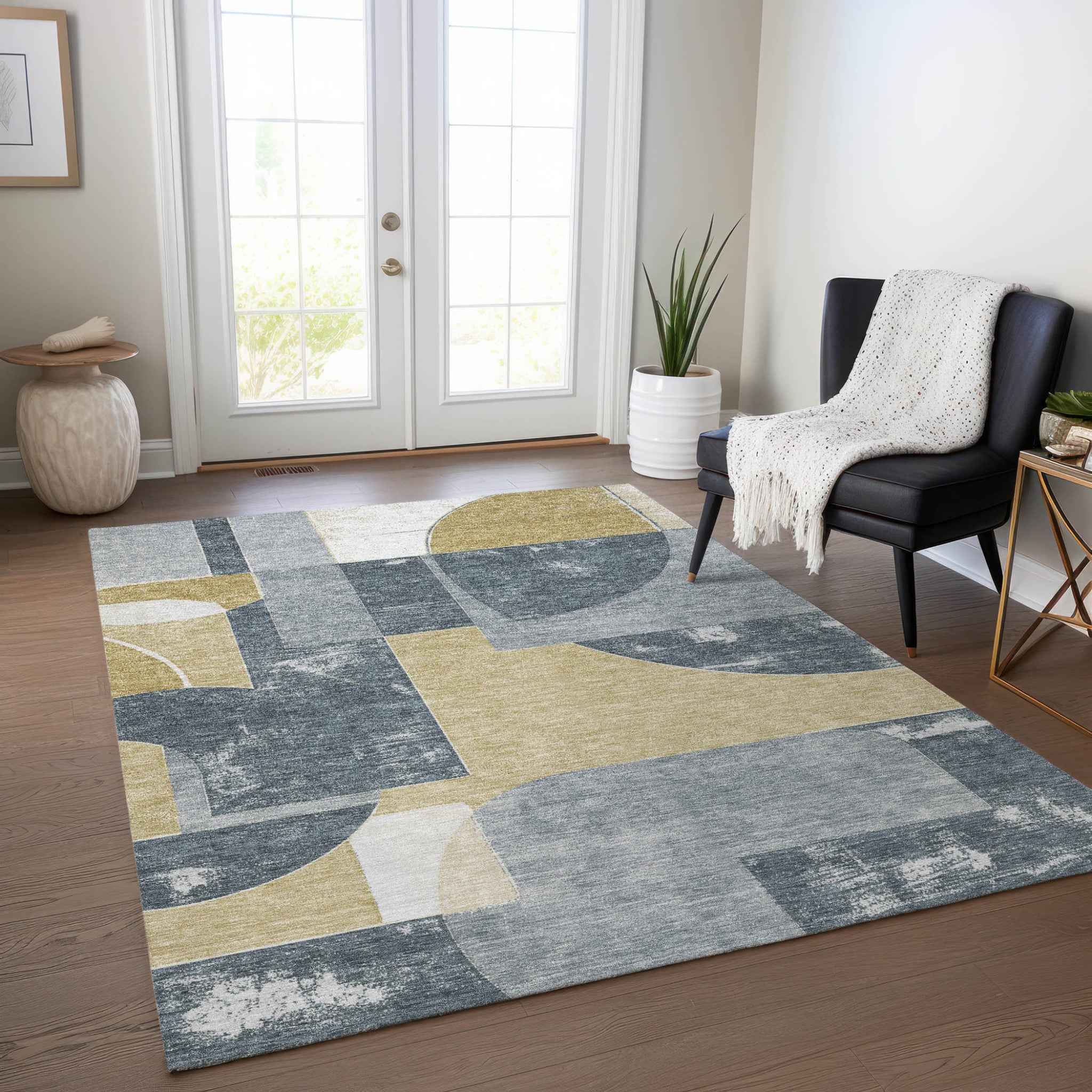 3' X 5' Gray And Gold Geometric Washable Indoor Outdoor Area Rug