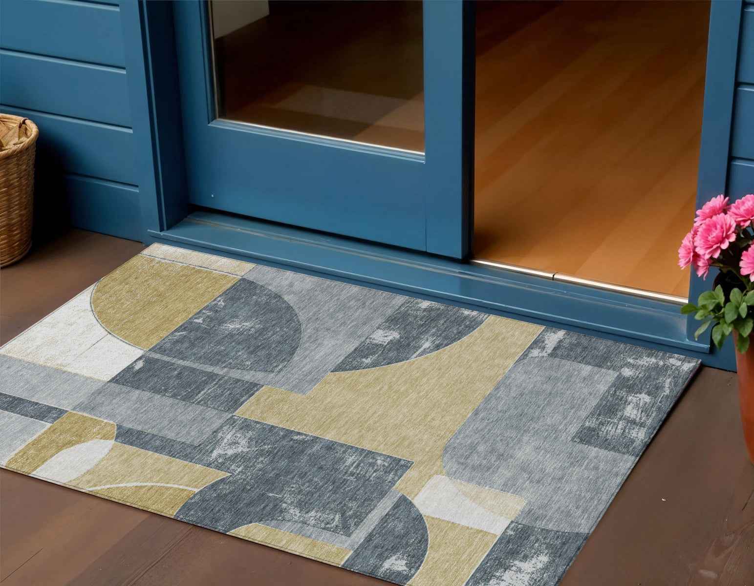 3' X 5' Gray And Gold Geometric Washable Indoor Outdoor Area Rug