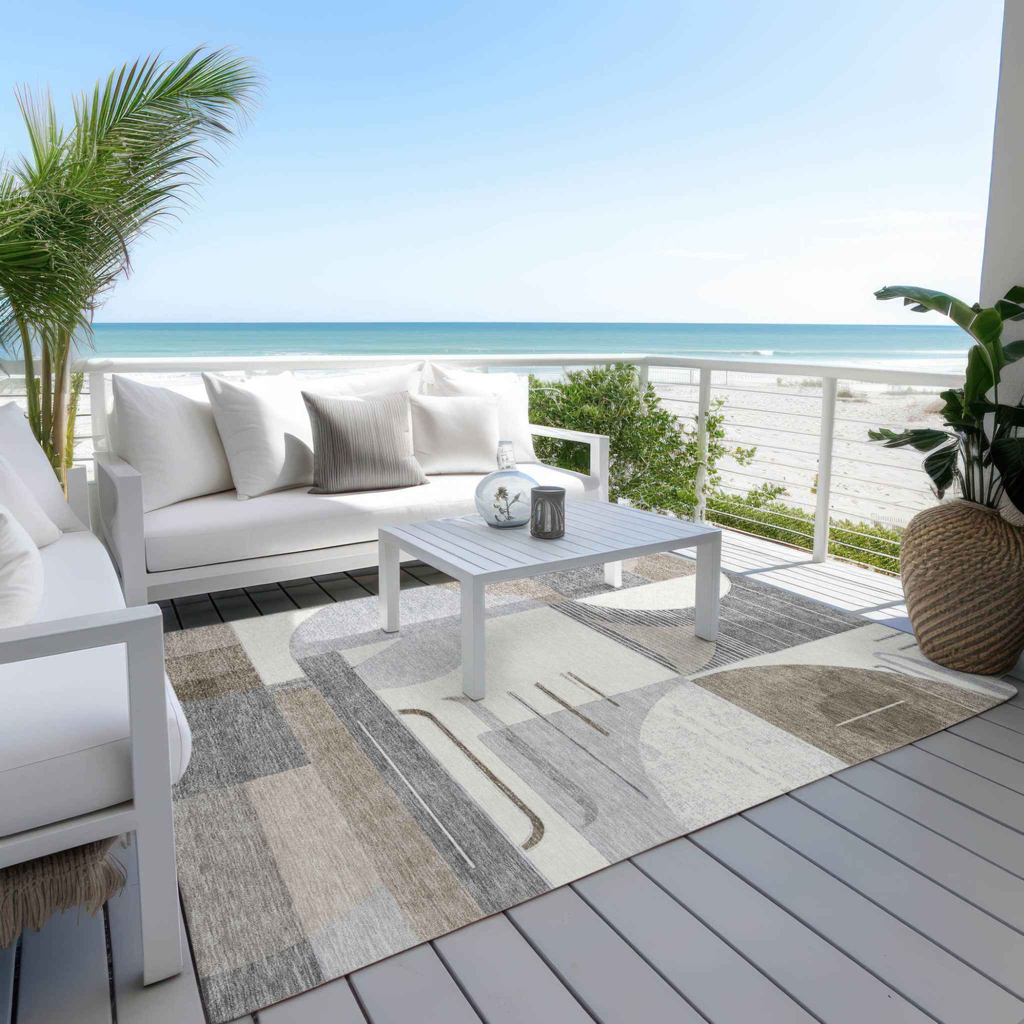 8' X 10' Taupe Gray And Ivory Geometric Washable Indoor Outdoor Area Rug