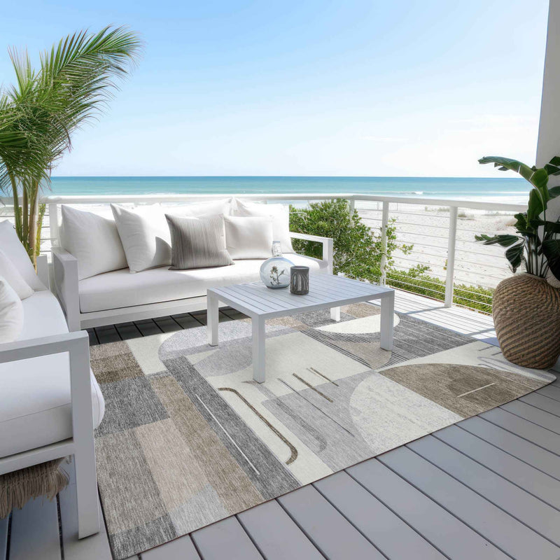 8' X 10' Taupe Gray And Ivory Geometric Washable Indoor Outdoor Area Rug