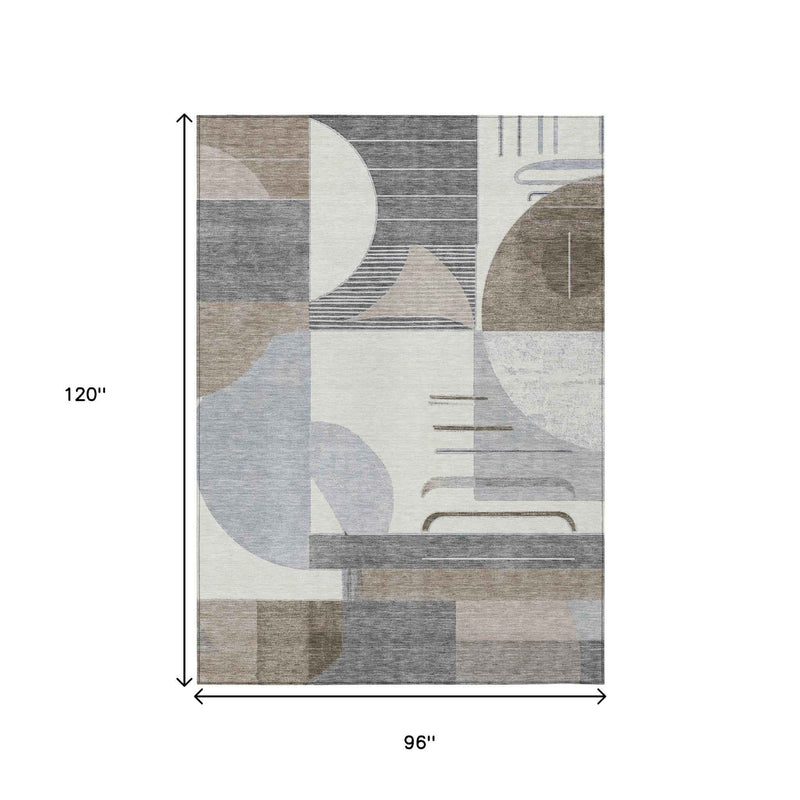 8' X 10' Taupe Gray And Ivory Geometric Washable Indoor Outdoor Area Rug
