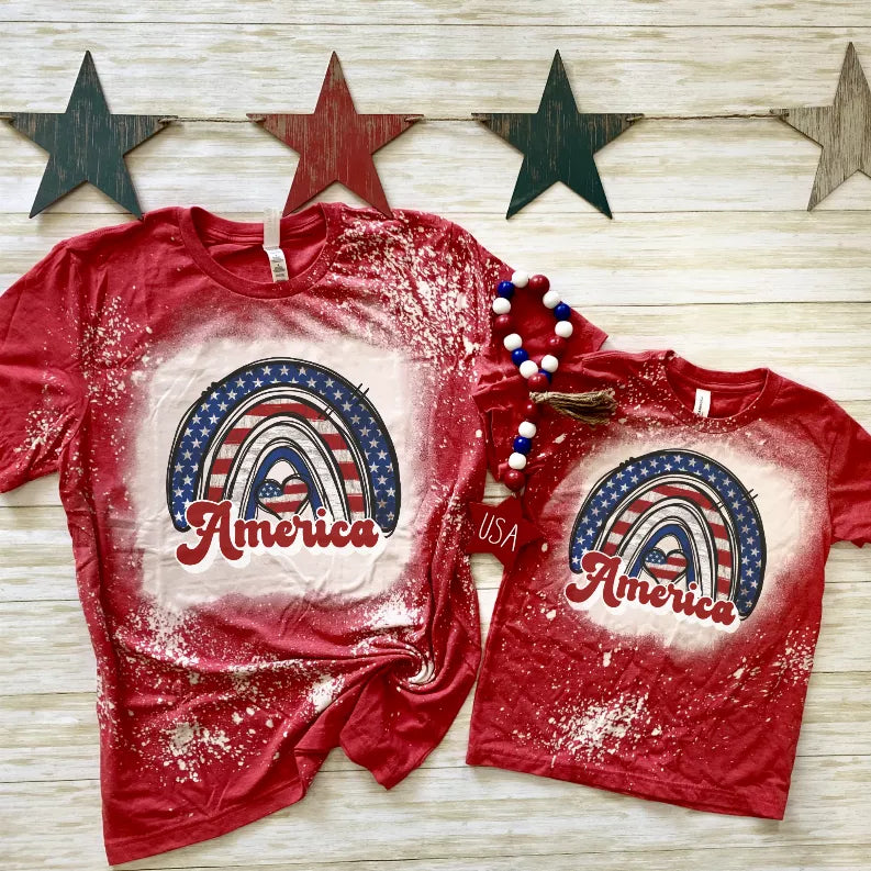 Red bleached short-sleeve shirts with America patriotic graphic, two designs
