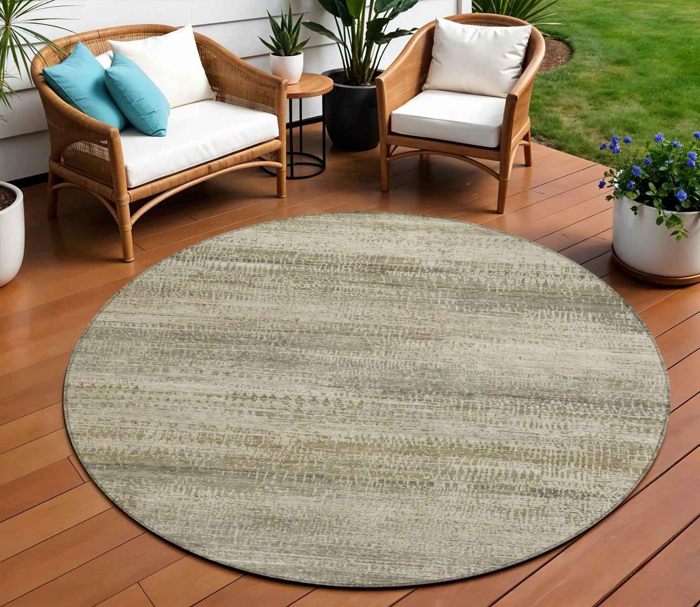 8' Taupe And Beige Round Abstract Washable Indoor Outdoor Area Rug