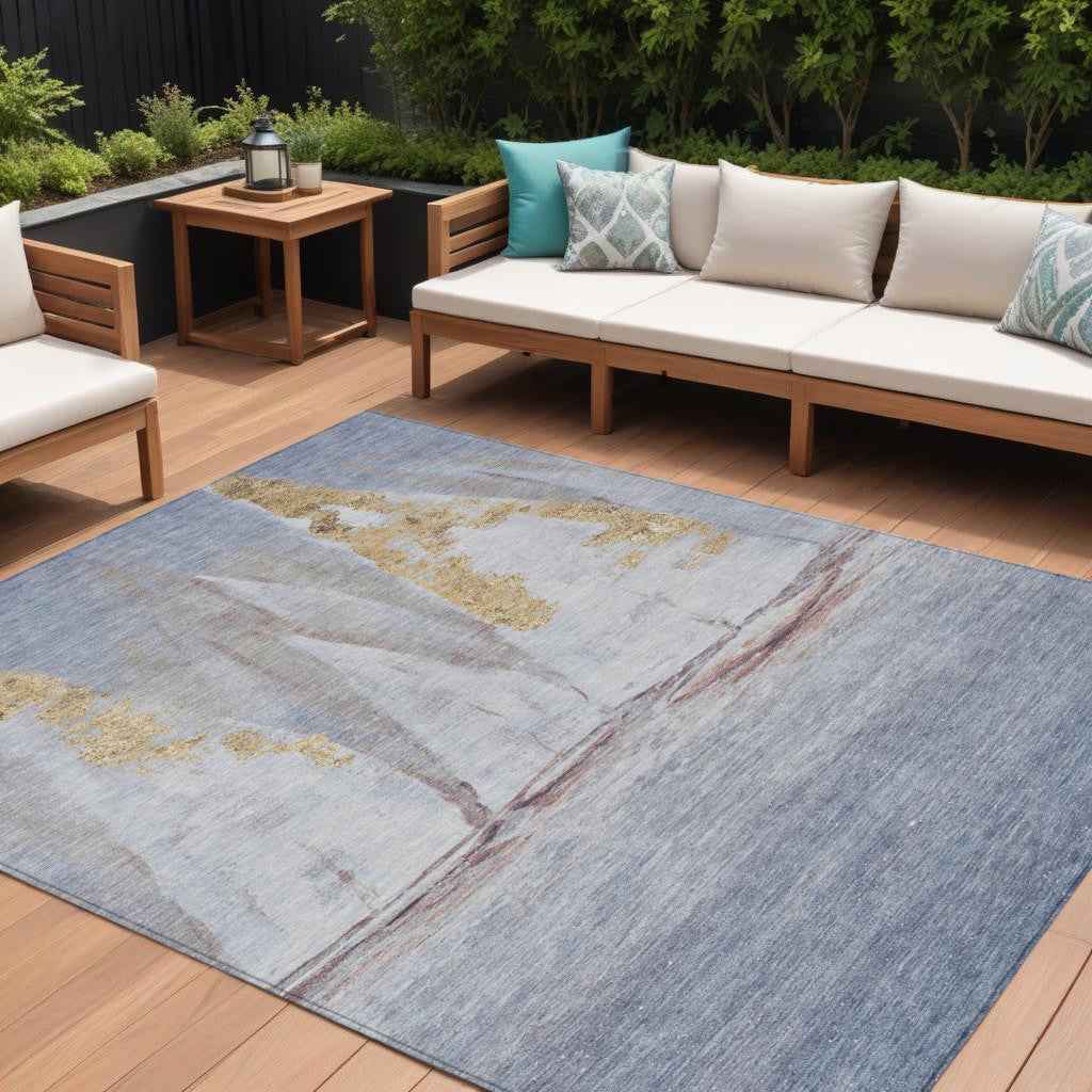 9' X 12' Blue And Gold Nautical Washable Indoor Outdoor Area Rug