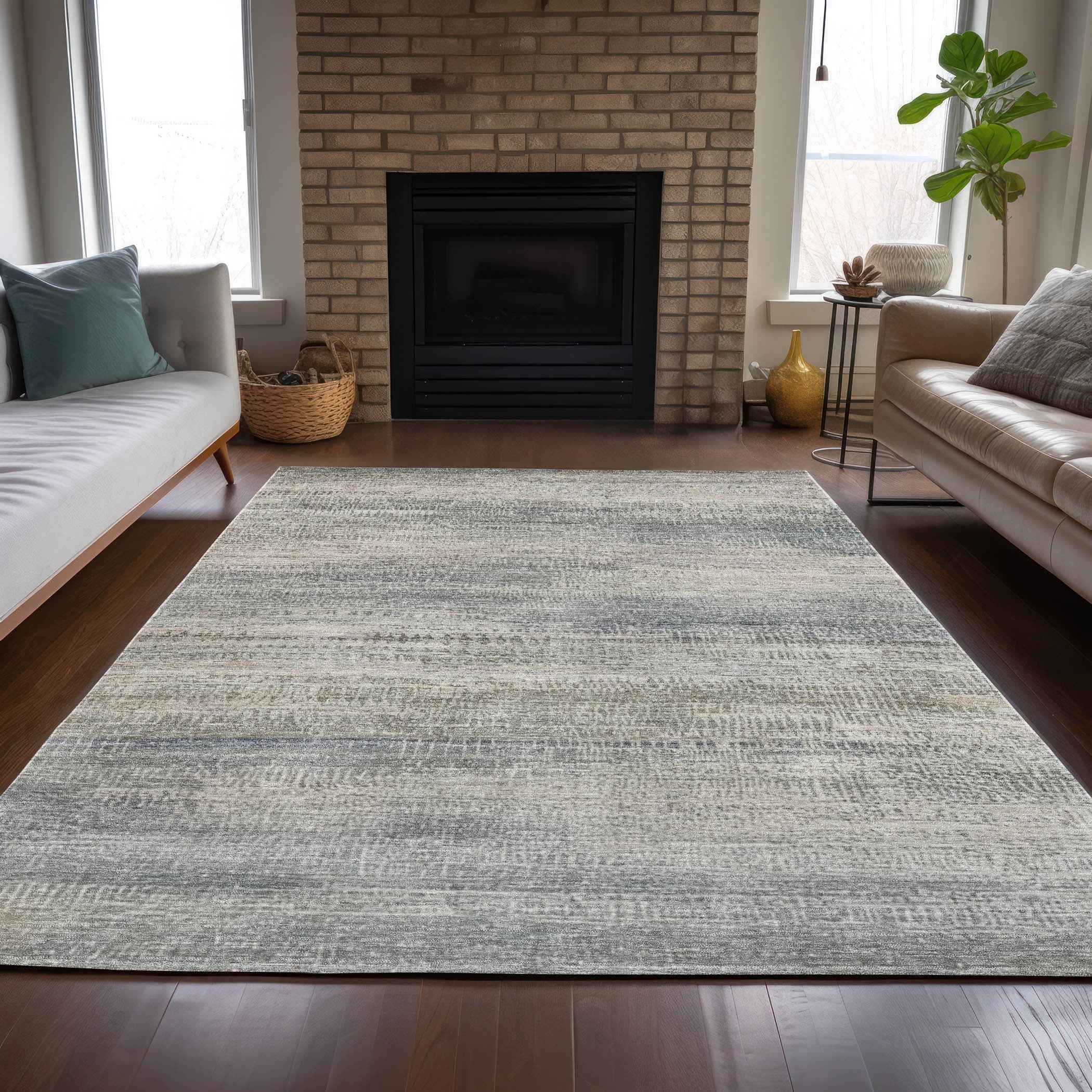 3' X 5' Linen And Beige Abstract Washable Indoor Outdoor Area Rug
