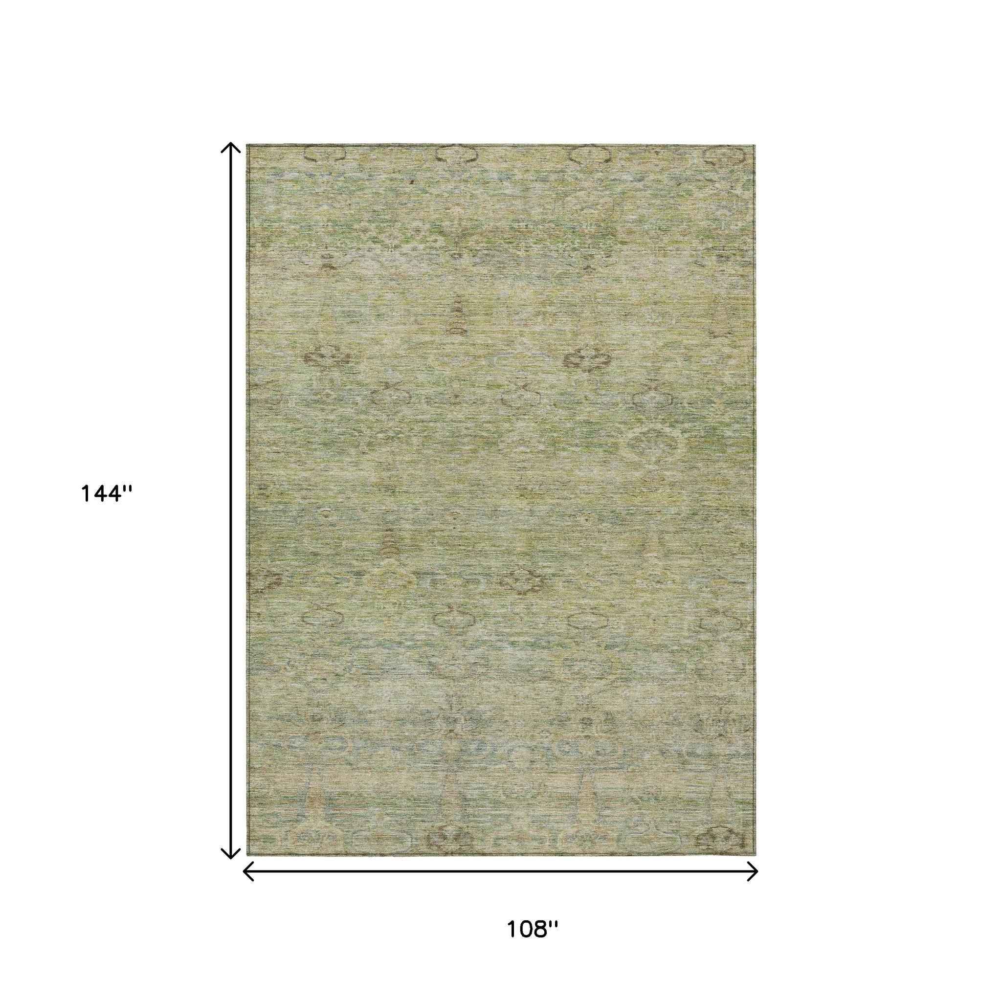 9' X 12' Green And Gold Oriental Washable Indoor Outdoor Area Rug