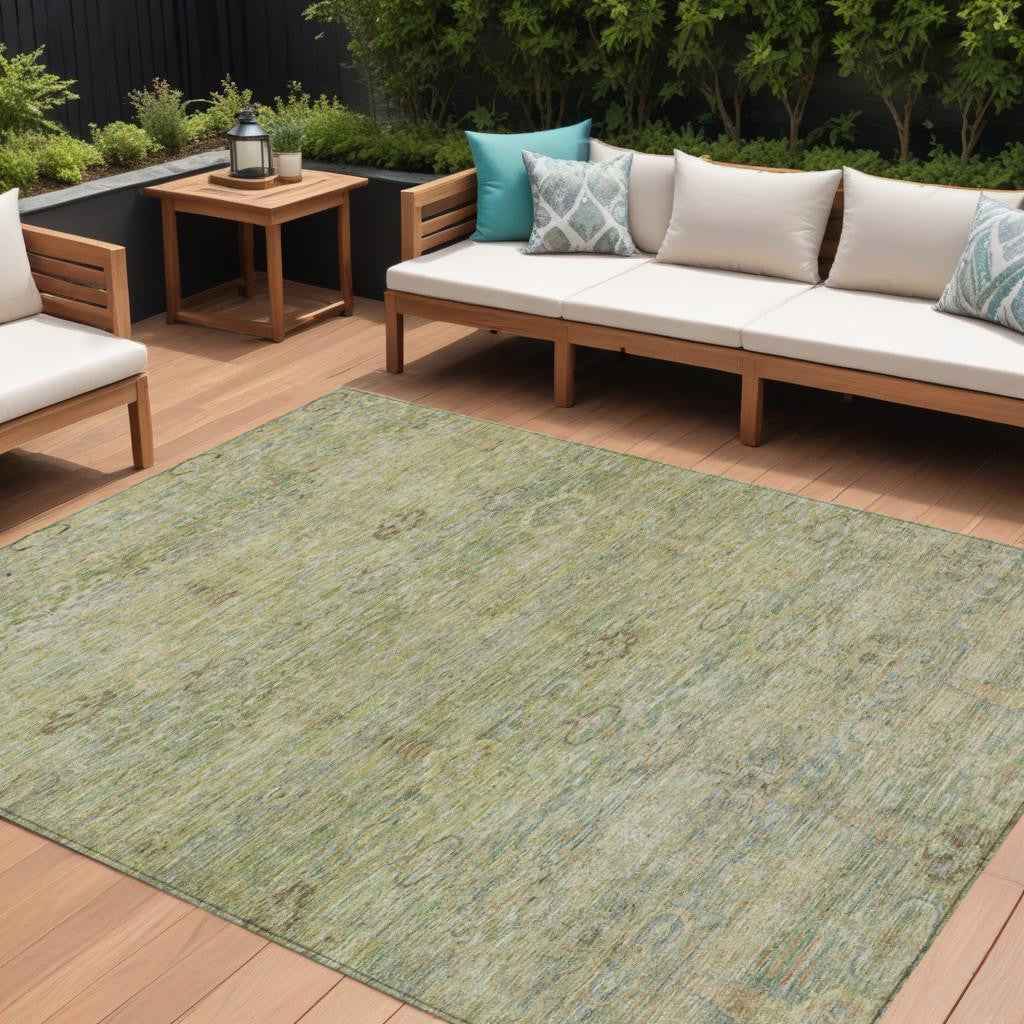 9' X 12' Green And Gold Oriental Washable Indoor Outdoor Area Rug
