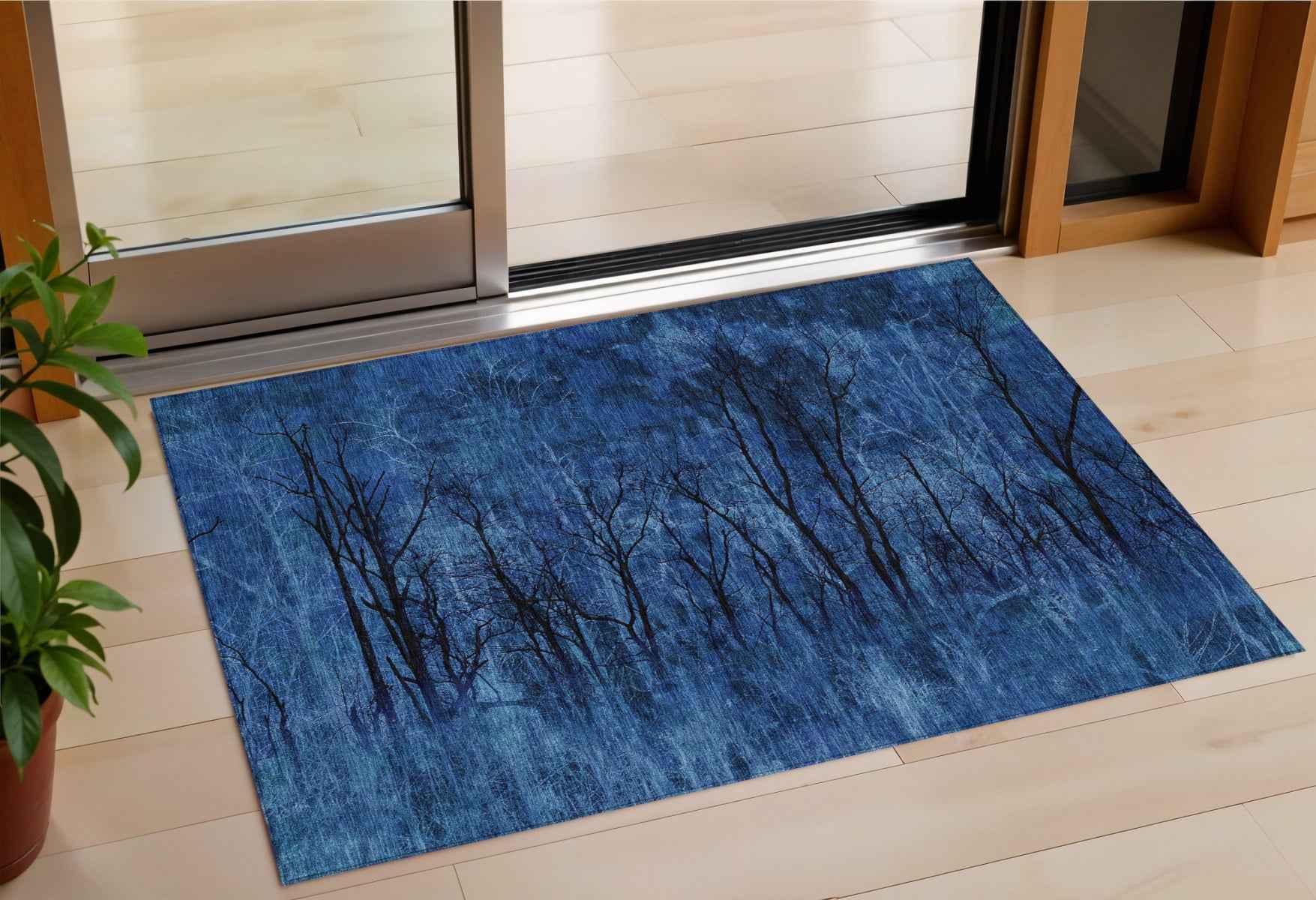 3' X 5' Blue And Charcoal Floral Washable Indoor Outdoor Area Rug