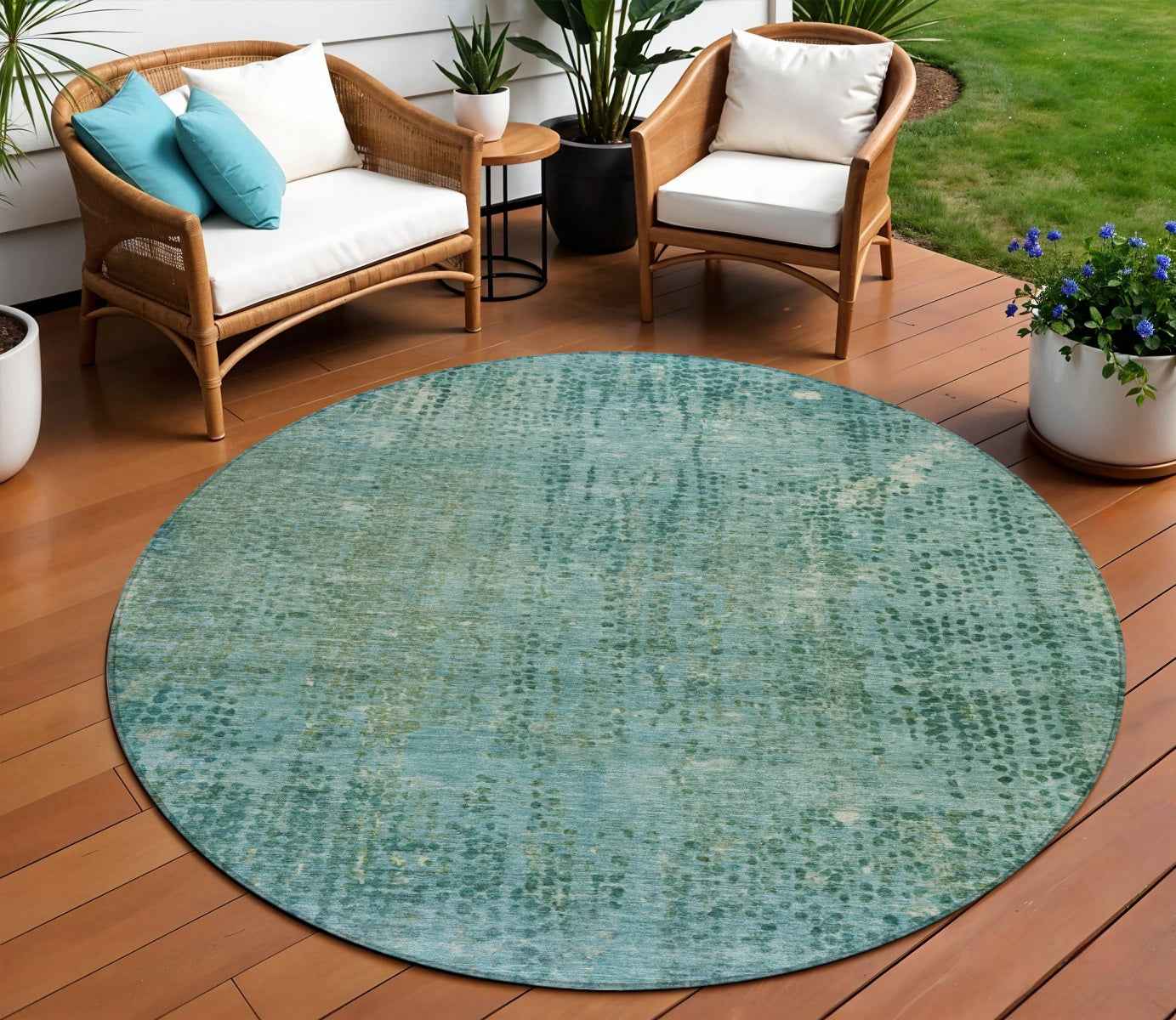 8' Teal Blue And Ivory Round Abstract Washable Indoor Outdoor Area Rug