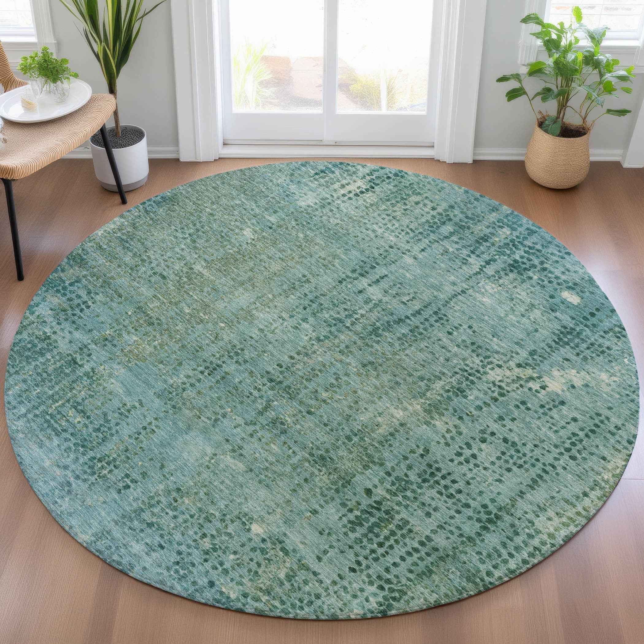8' Teal Blue And Ivory Round Abstract Washable Indoor Outdoor Area Rug