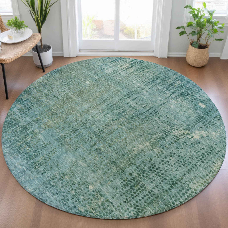 8' Teal Blue And Ivory Round Abstract Washable Indoor Outdoor Area Rug