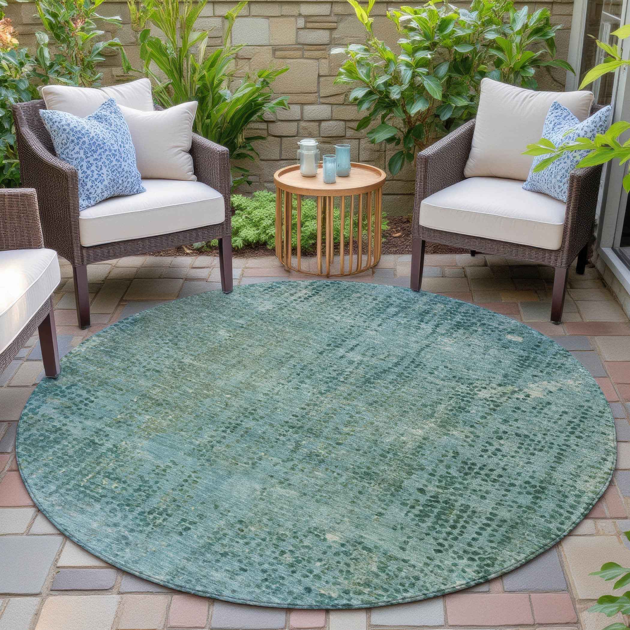 8' Teal Blue And Ivory Round Abstract Washable Indoor Outdoor Area Rug