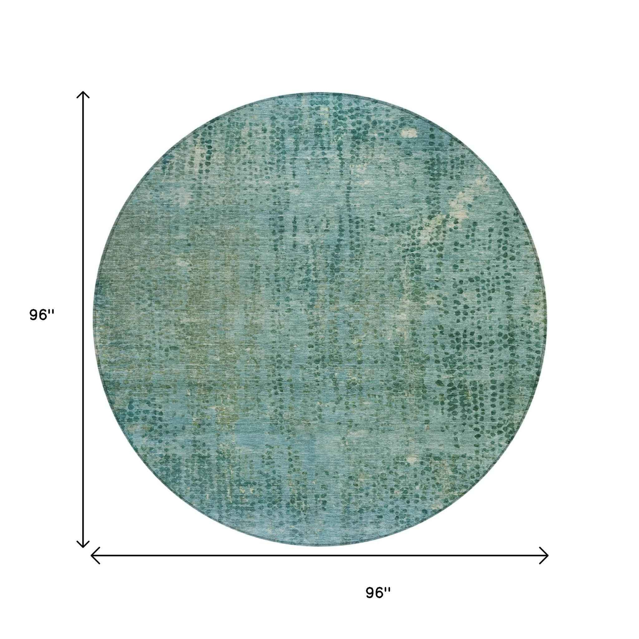 8' Teal Blue And Ivory Round Abstract Washable Indoor Outdoor Area Rug