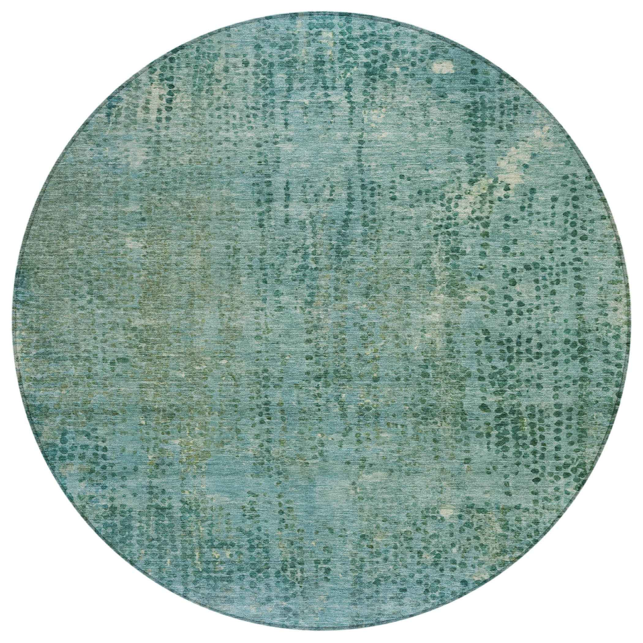 8' Teal Blue And Ivory Round Abstract Washable Indoor Outdoor Area Rug