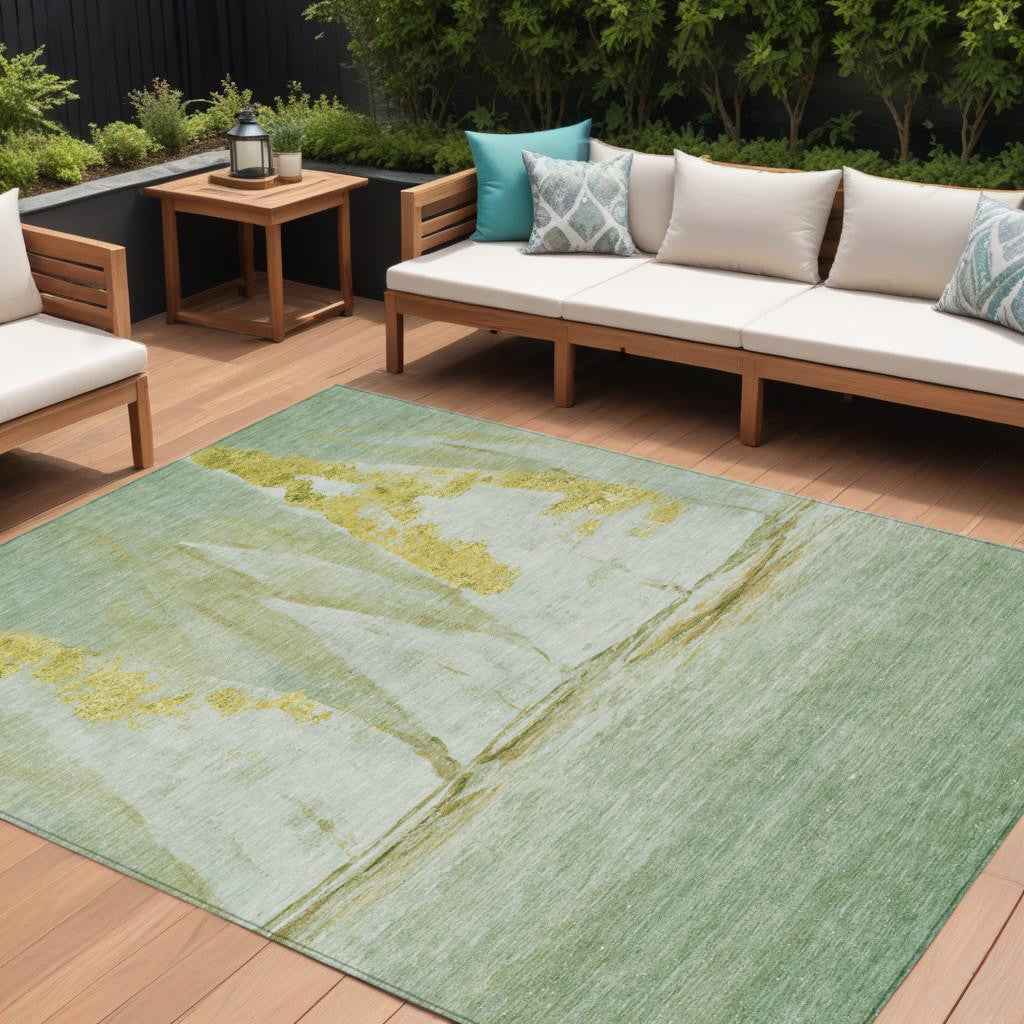 9' X 12' Green And Gold Nautical Washable Indoor Outdoor Area Rug