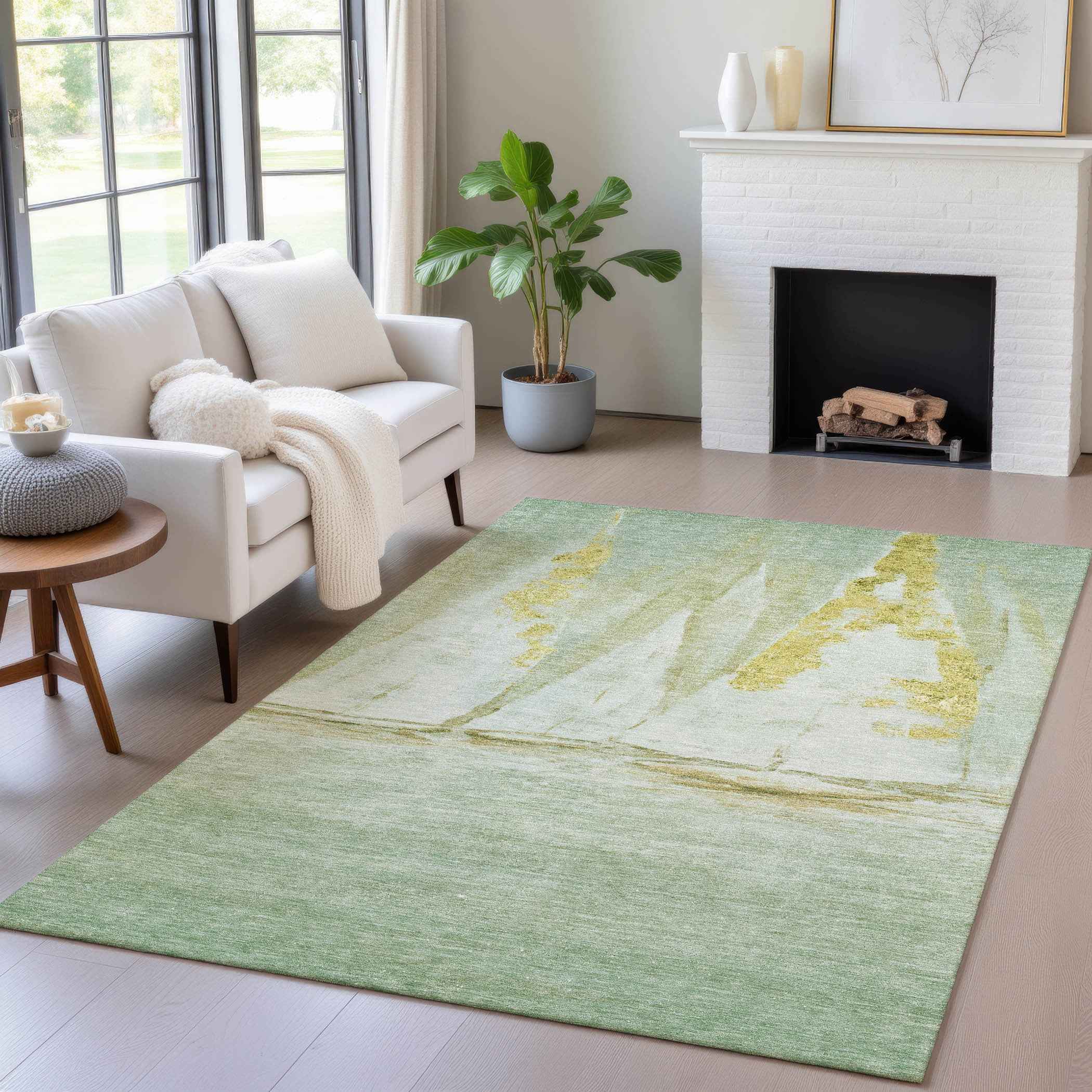 9' X 12' Green And Gold Nautical Washable Indoor Outdoor Area Rug