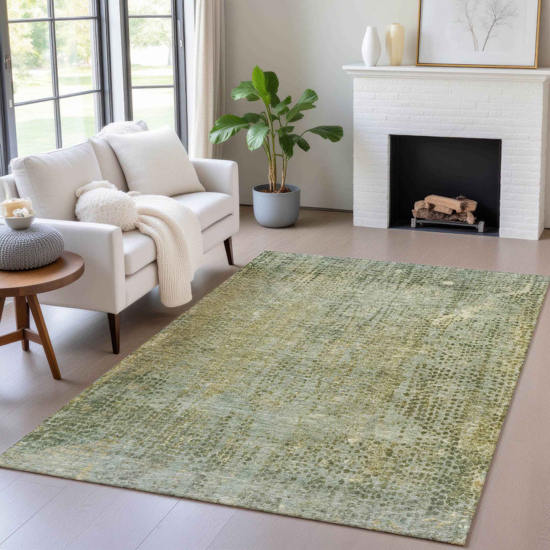 3' X 5' Green And Ivory Abstract Washable Indoor Outdoor Area Rug