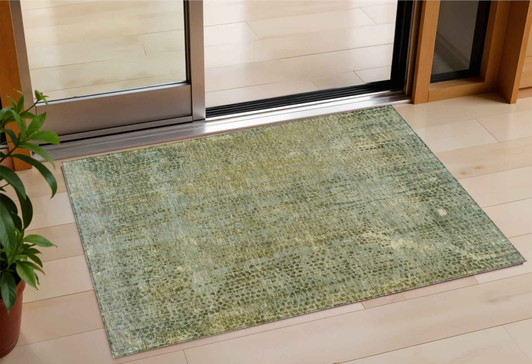 3' X 5' Green And Ivory Abstract Washable Indoor Outdoor Area Rug