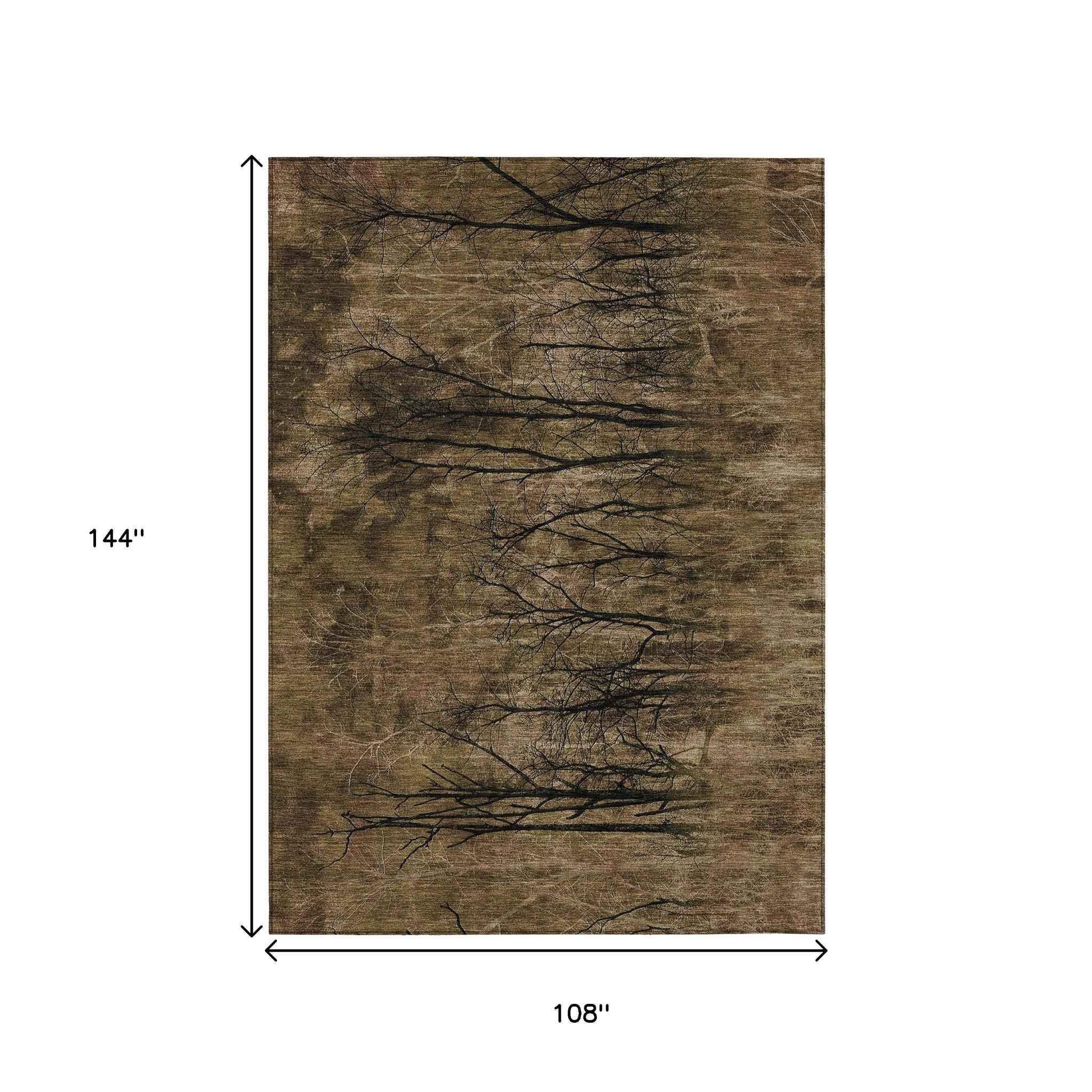 9' X 12' Brown And Charcoal Floral Washable Indoor Outdoor Area Rug