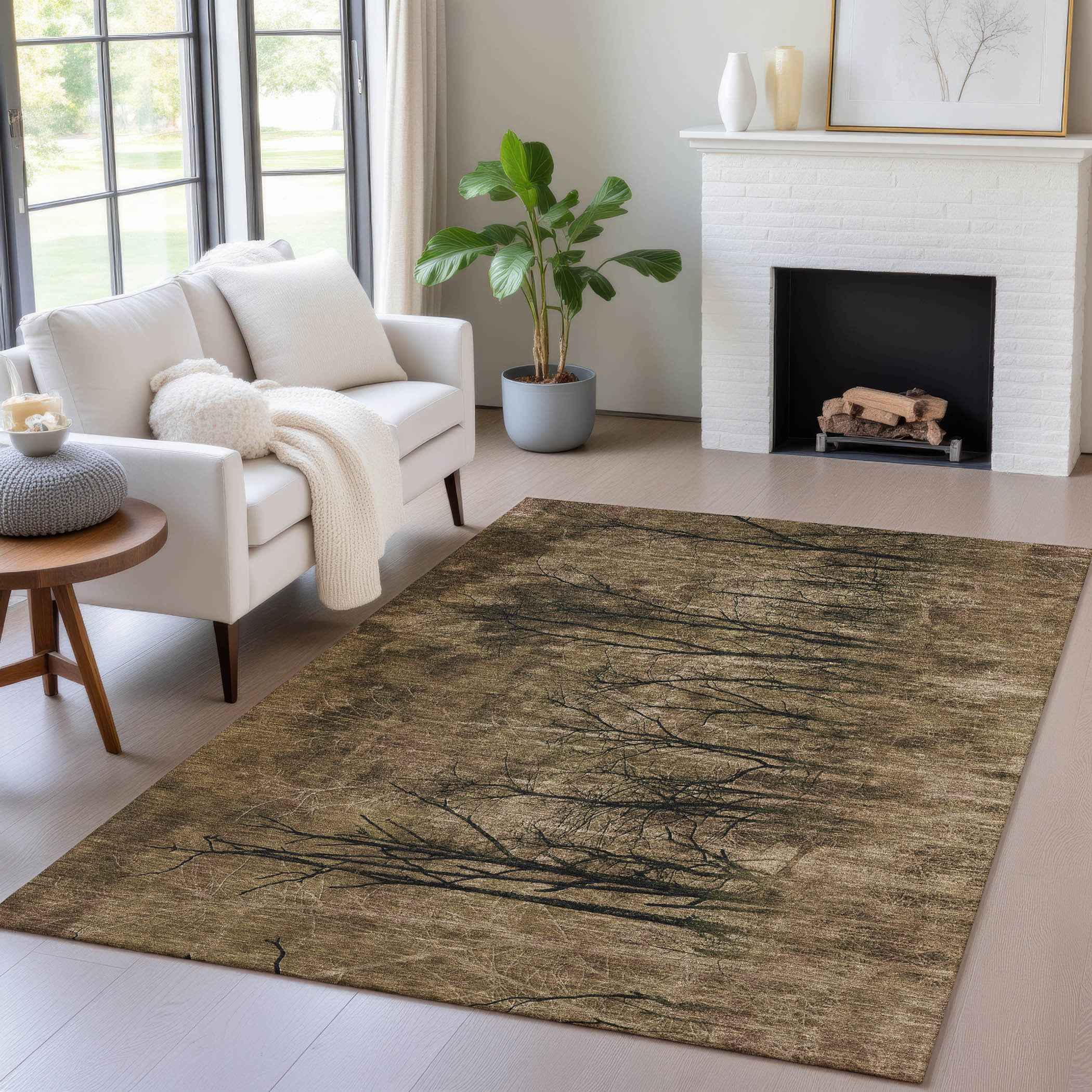 9' X 12' Brown And Charcoal Floral Washable Indoor Outdoor Area Rug